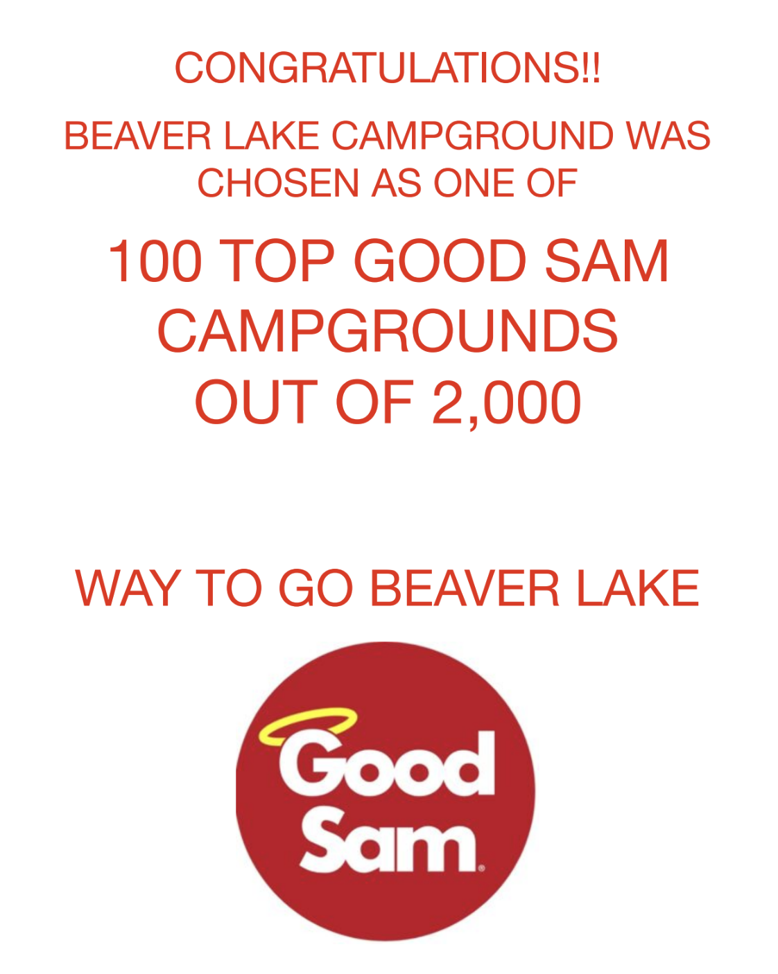 Congratulations Beaver Lake Campground was chosen as one of 100 Top Good Sam Campground out of 2,000