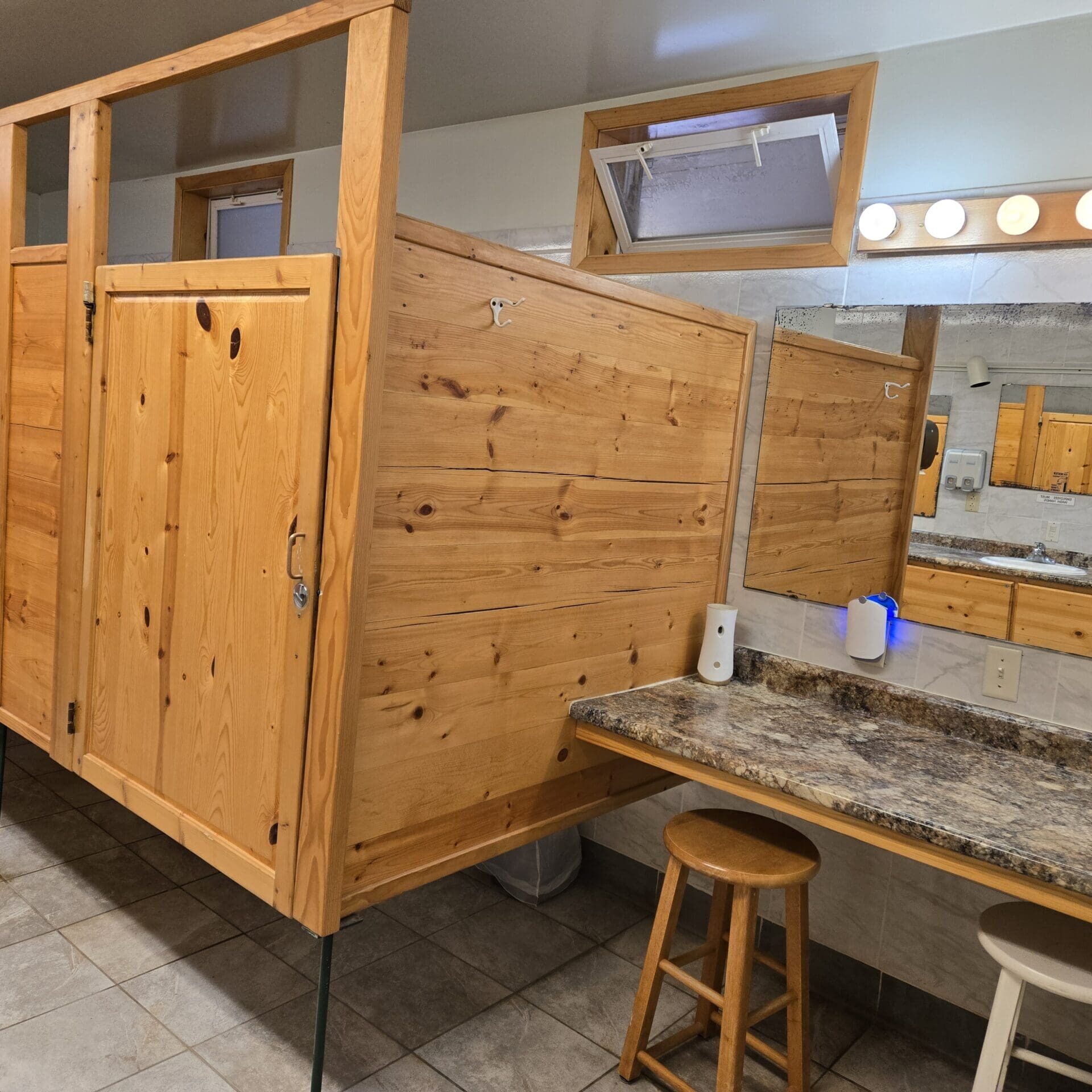 Interior of bathhouse and vanity at Beaver Lake Campground in Custer, South Dakota